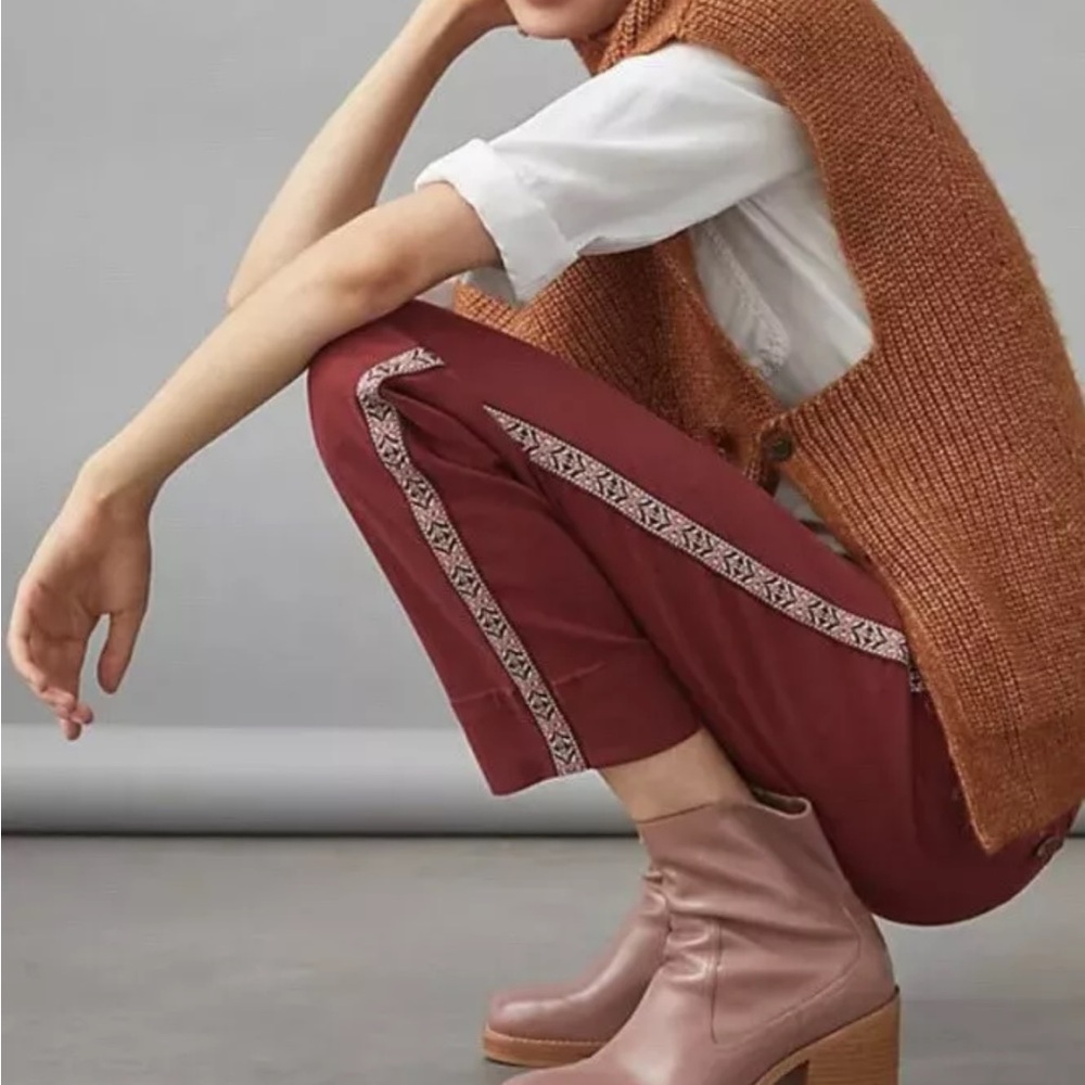 $130 Anthropologie Tapered Side Stripe Pants Sz 12 wine NWT